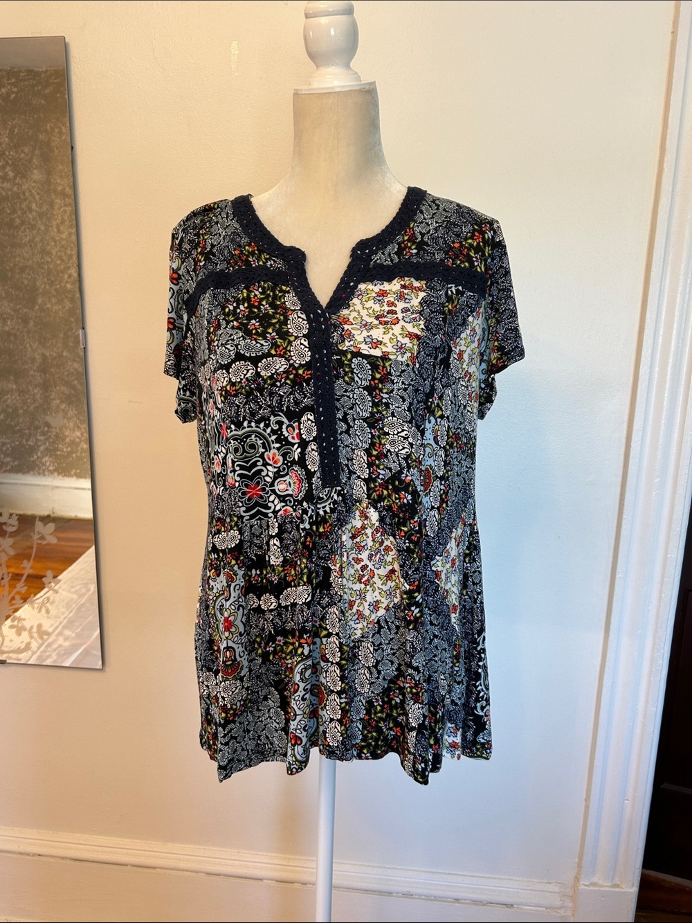RXB Black Patchwork Floral Short Sleeve Blouse
